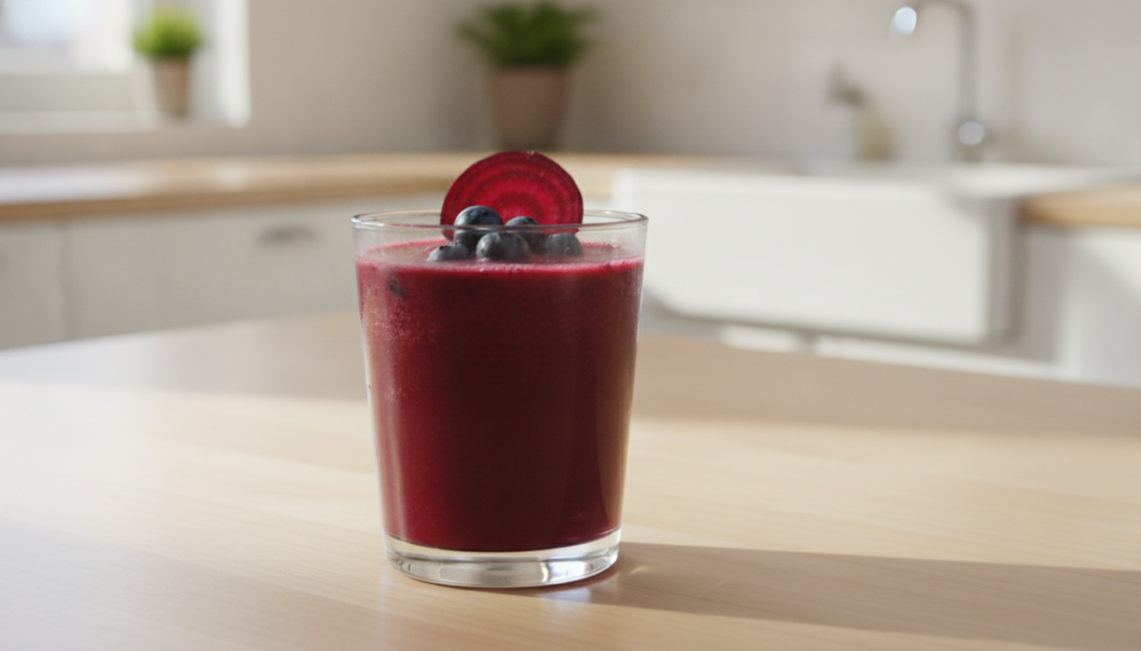 A vibrant red-purple drink in a clear glass with a few fresh berries and a slice of beetroot as garnish The background i