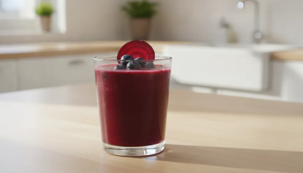 A vibrant red-purple drink in a clear glass with a few fresh berries and a slice of beetroot as garnish The background i