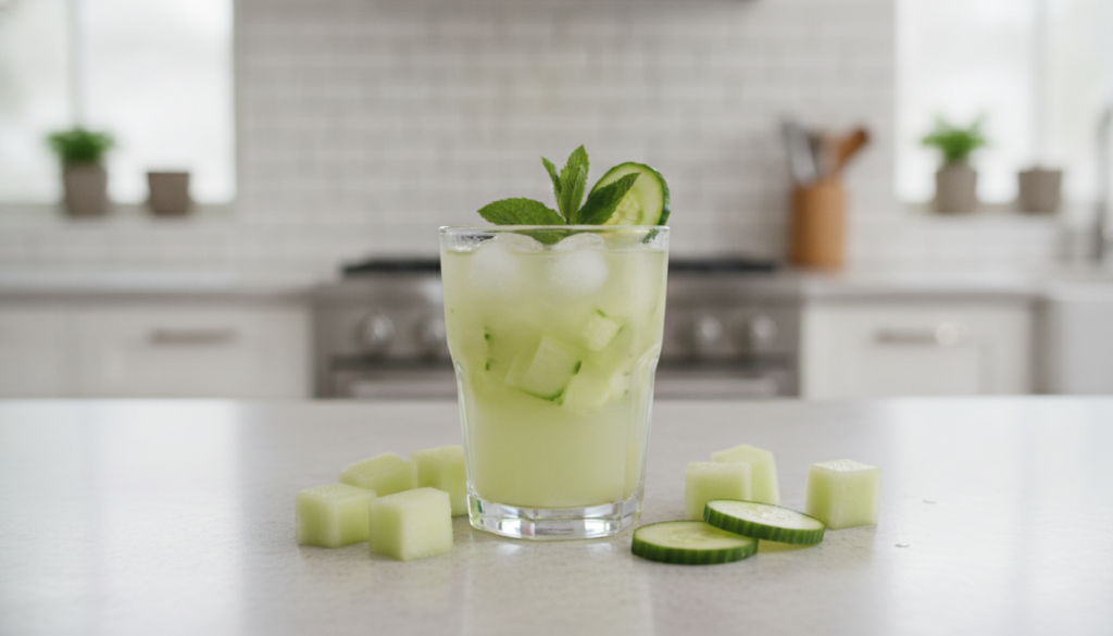 A glass of pale green melon and cucumber drink with fresh mint leaves on a bright countertop Small cubes of melon and cu