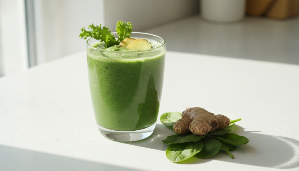 A vibrant green smoothie in a clear glass showing hints of spinach and ginger on a bright kitchen countertop with a few 