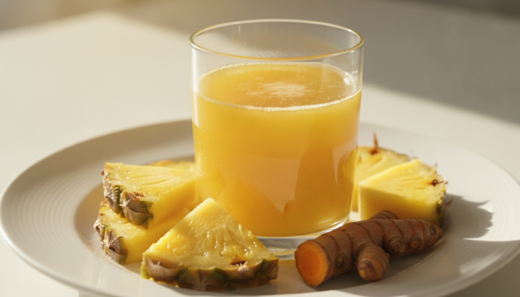 A bright yellow-orange drink in a glass with small pineapple chunks and a slice of fresh turmeric root next to it on a w
