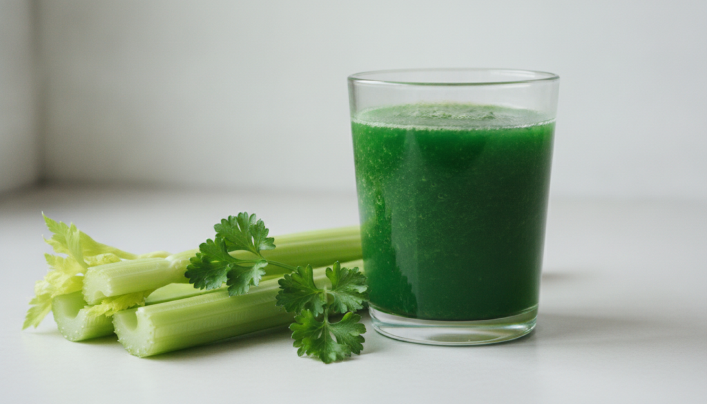 A intensely green slightly chunky drink in a glass with fresh celery stalks and a sprig of parsley arranged beside it on