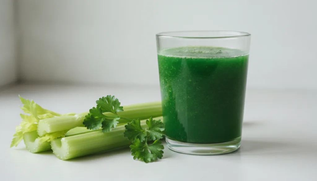 A intensely green slightly chunky drink in a glass with fresh celery stalks and a sprig of parsley arranged beside it on