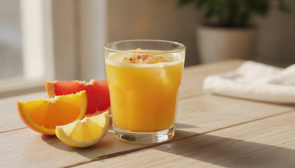 A bright orange-yellow citrus drink in a small glass with slices of orange grapefruit and lemon on the side and a tiny s