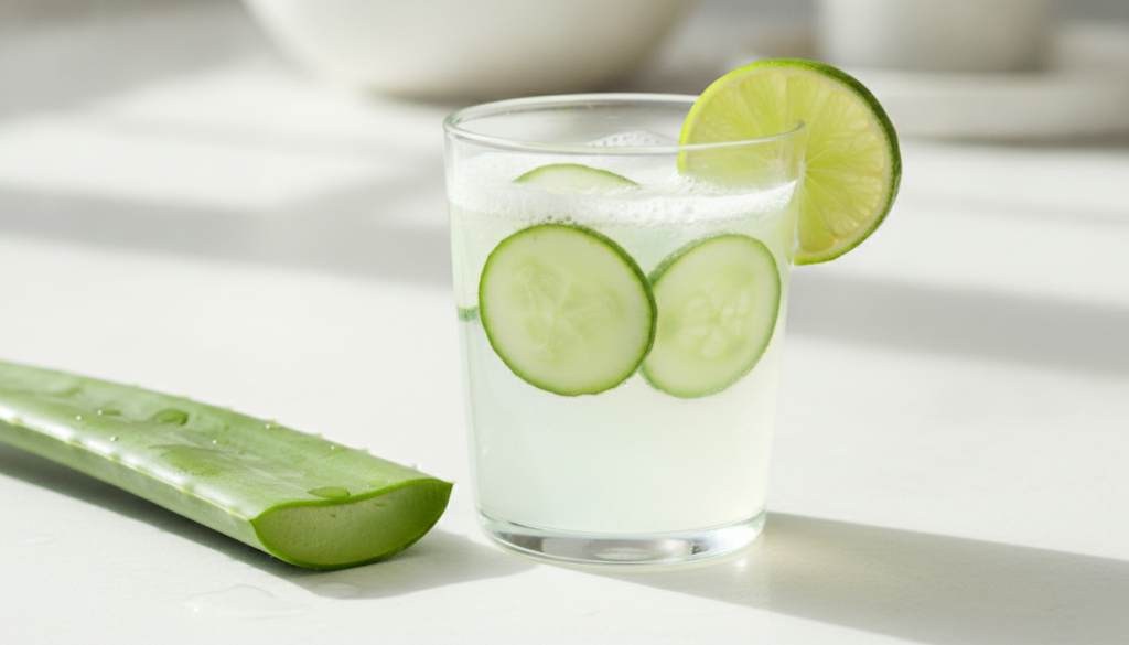A clear glass filled with a light slightly cloudy drink garnished with a lime wedge and a few cucumber slices A fresh al