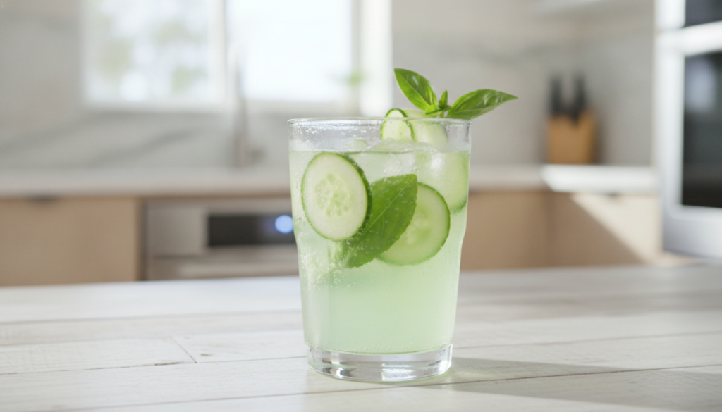 A clear glass of green cucumber drink infused with fresh basil leaves garnished with a cucumber ribbon and a basil sprig