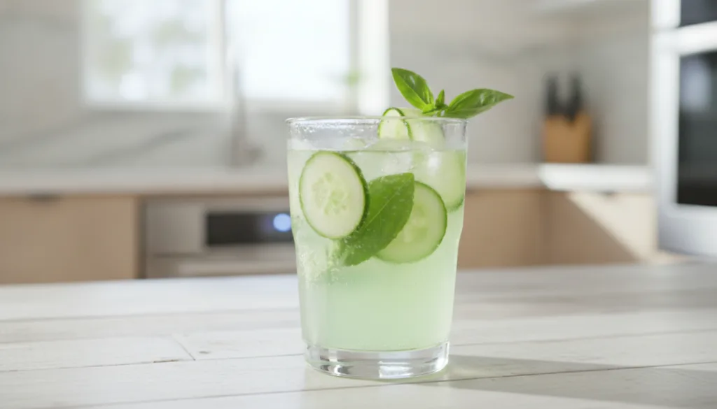 A clear glass of green cucumber drink infused with fresh basil leaves garnished with a cucumber ribbon and a basil sprig
