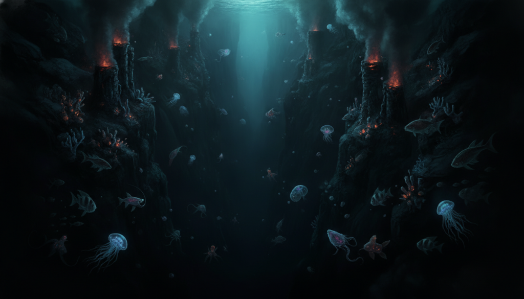 An underwater illustration of the Mariana Trench showing its immense depth with light fading into darkness highlighting 