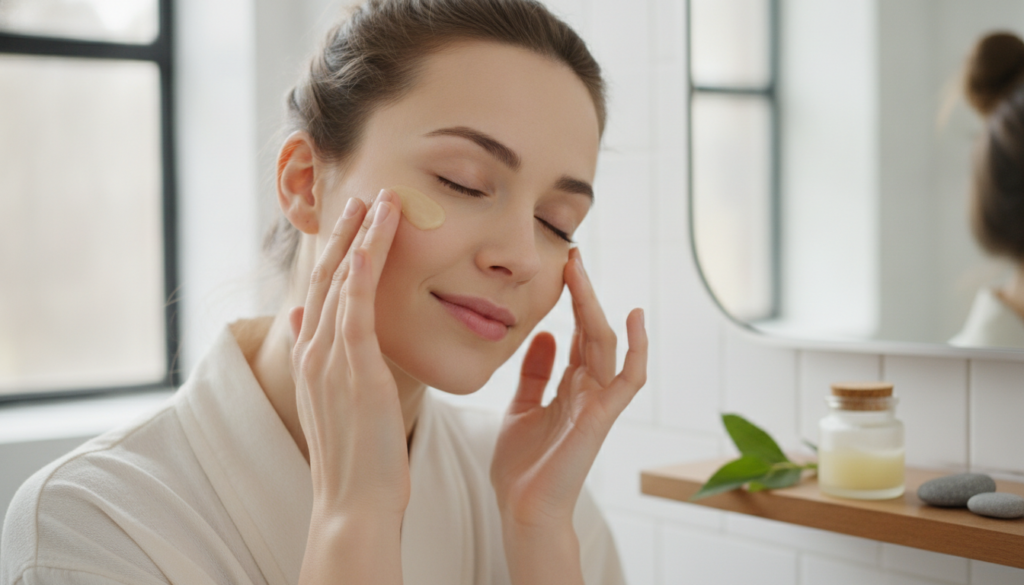 A woman gently massaging a small amount of the homemade balm onto her face focusing on her under-eye area or forehead wi