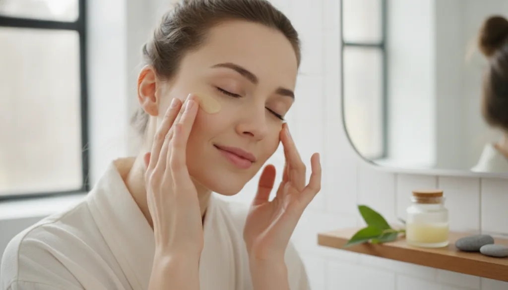 A woman gently massaging a small amount of the homemade balm onto her face focusing on her under-eye area or forehead wi