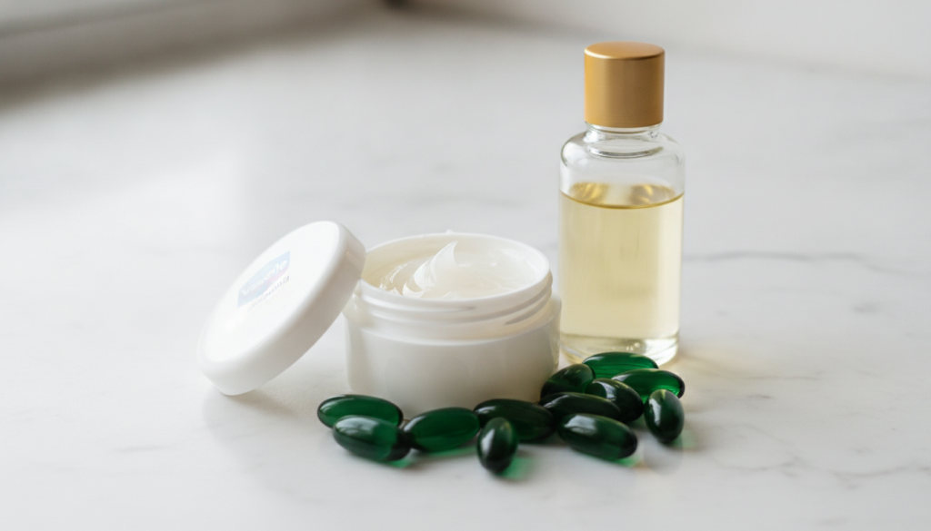 All three ingredients - Vaseline sweet almond oil and a small pile of green Vitamin E capsules - laid out neatly on a cl