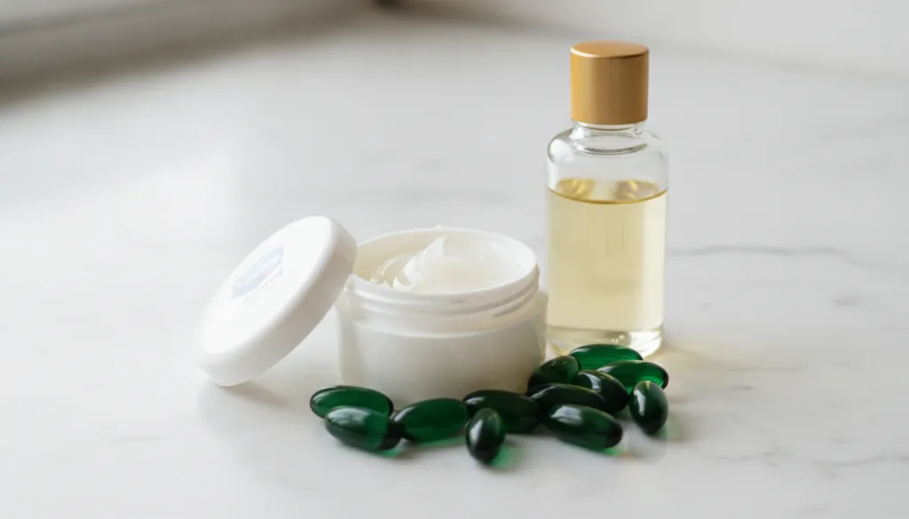 All three ingredients - Vaseline sweet almond oil and a small pile of green Vitamin E capsules - laid out neatly on a cl