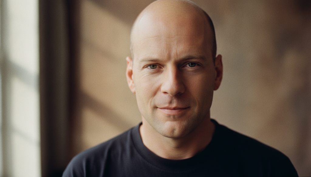 A headshot of a younger Bruce Willis possibly from the 1990s with his signature smirk