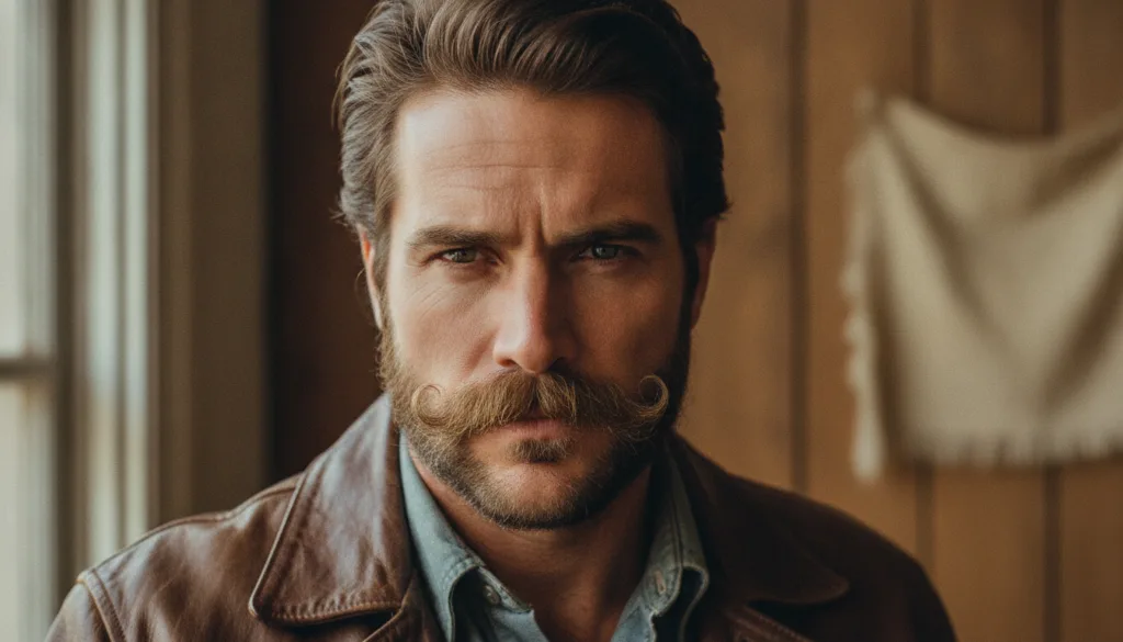 A portrait of Sam Elliott in his prime with his signature mustache and intense gaze