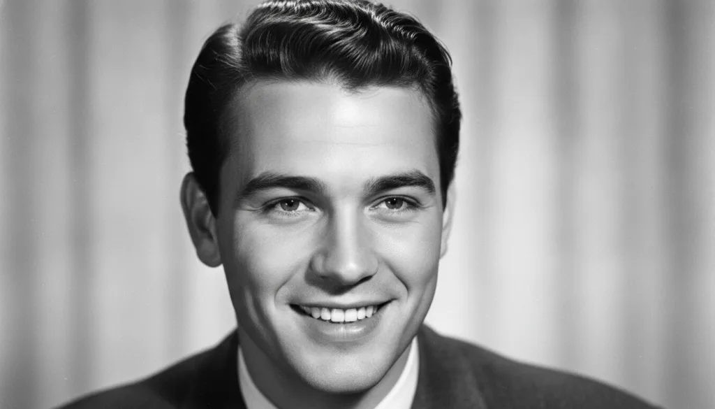A black and white close-up headshot of a young Tony Curtis with dark slicked-back hair and a charming smile presented as