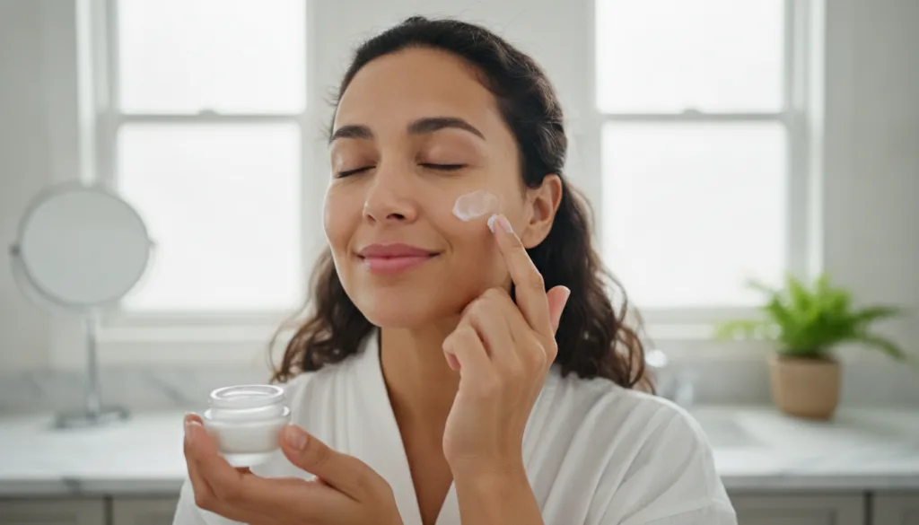 A woman gently applying a thin layer of cream to her clean face