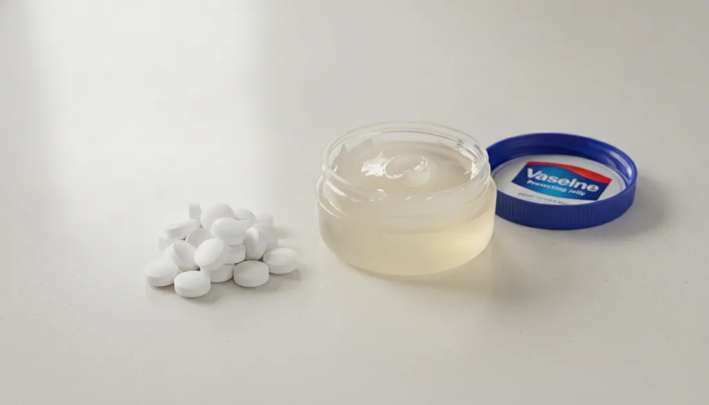 Small white aspirin pills and a tub of Vaseline on a clean surface ready for mixing
