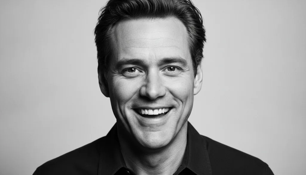 A black and white close-up photo of Jim Carrey smiling with a quiz overlay asking Who is this iconic actor and multiple-