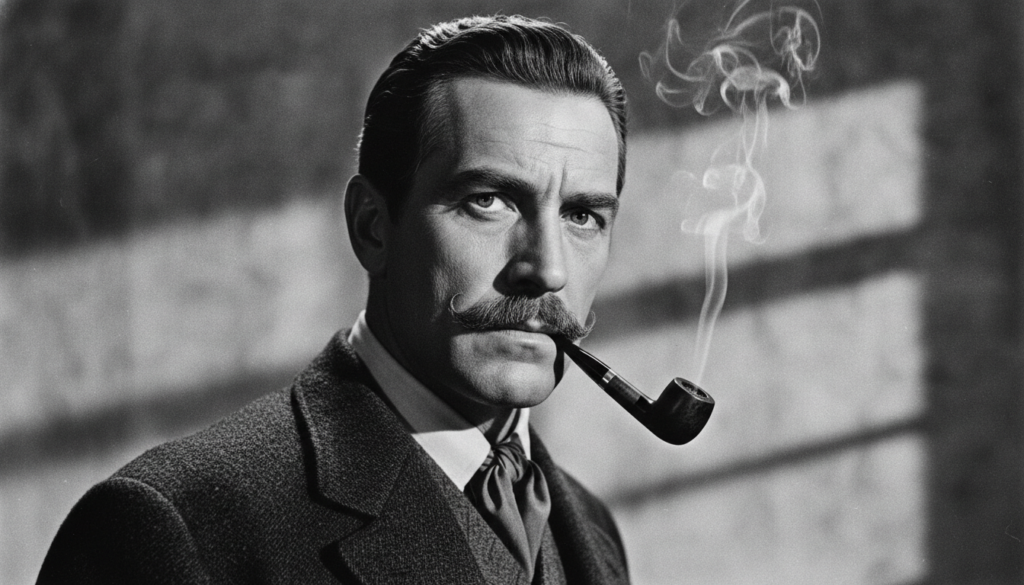 A black and white portrait of actor Lee Van Cleef with a mustache and pipe framed as if in a classic movie poster or qui