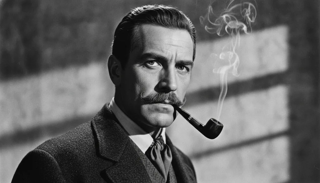 A black and white portrait of actor Lee Van Cleef with a mustache and pipe framed as if in a classic movie poster or qui