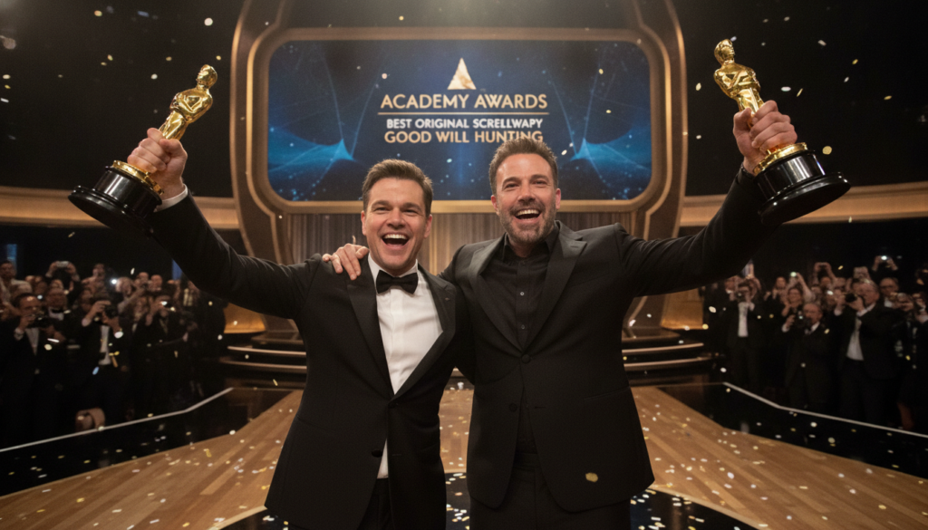 Matt Damon and Ben Affleck holding their Academy Awards for Best Original Screenplay for Good Will Hunting
