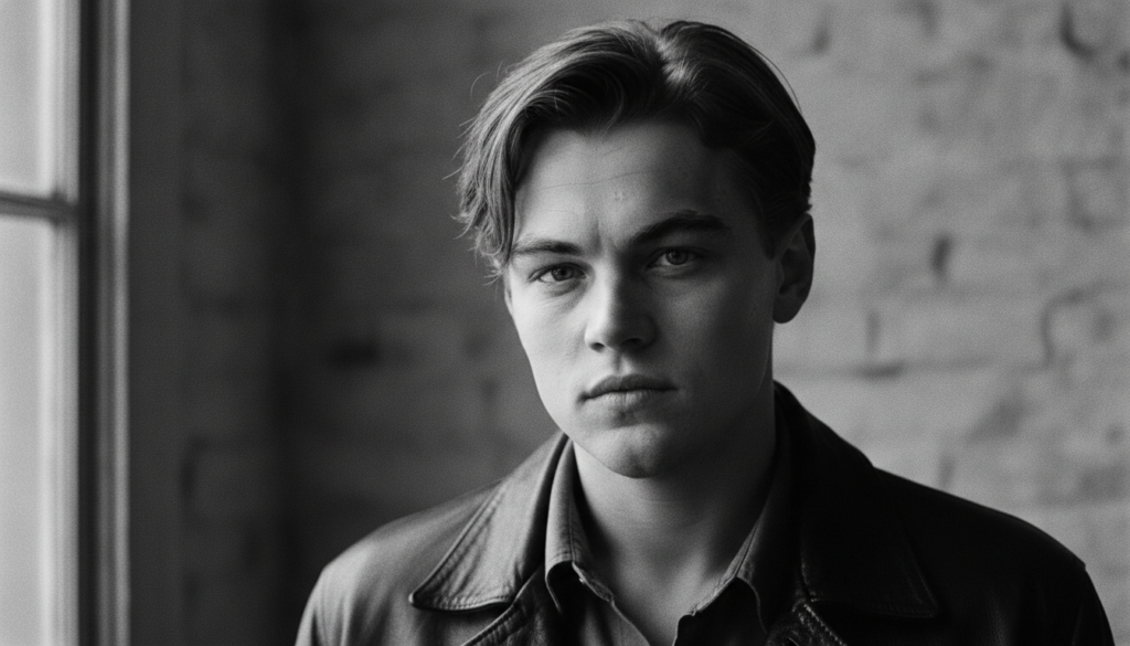 A black and white portrait of a young Leonardo DiCaprio looking directly at the camera with an intense gaze from his ear