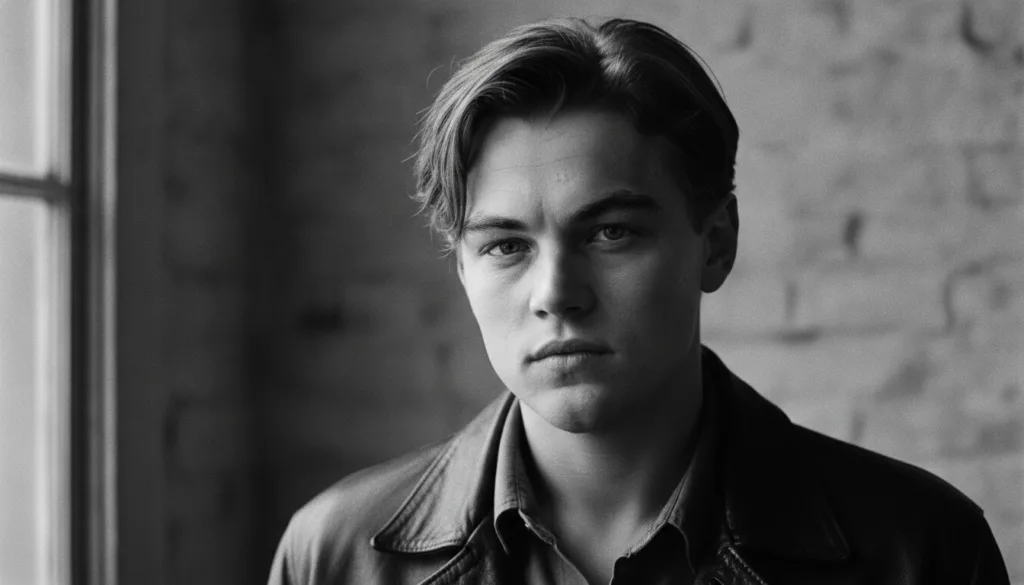 A black and white portrait of a young Leonardo DiCaprio looking directly at the camera with an intense gaze from his ear