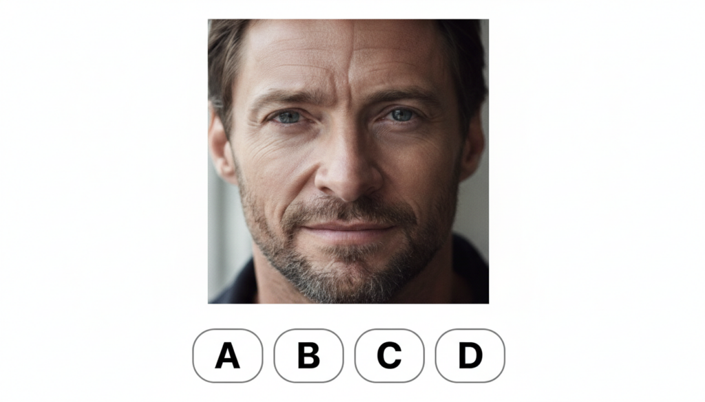 A multiple-choice quiz image featuring a close-up portrait of Hugh Jackman with four options A Hugh Jackman B Chris Hems
