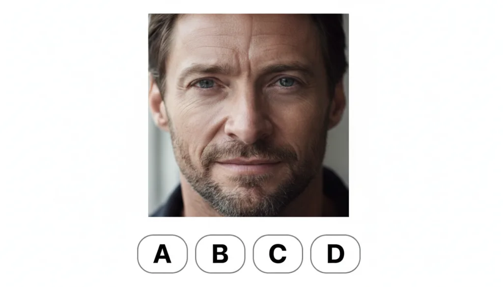 A multiple-choice quiz image featuring a close-up portrait of Hugh Jackman with four options A Hugh Jackman B Chris Hems