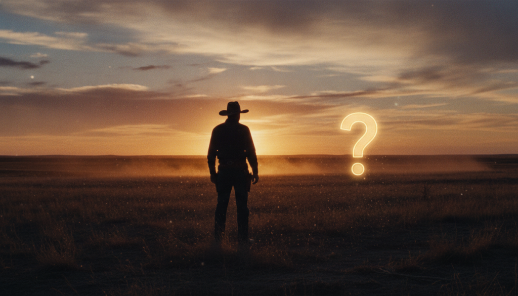 A mysterious silhouette of a lone cowboy against a golden-hour western sunset with a subtle golden question mark