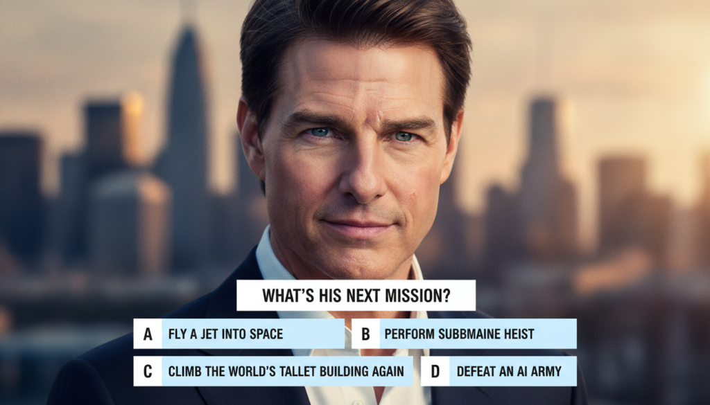 A multiple-choice quiz image featuring a close-up portrait of Tom Cruise asking Who is this actor with four options belo