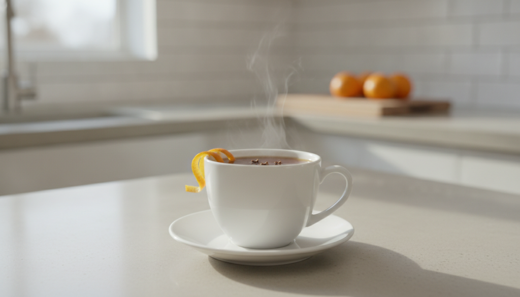 A coffee cup with dark coffee garnished with a strip of fresh orange zest and a few whole cloves emitting steam in a bri