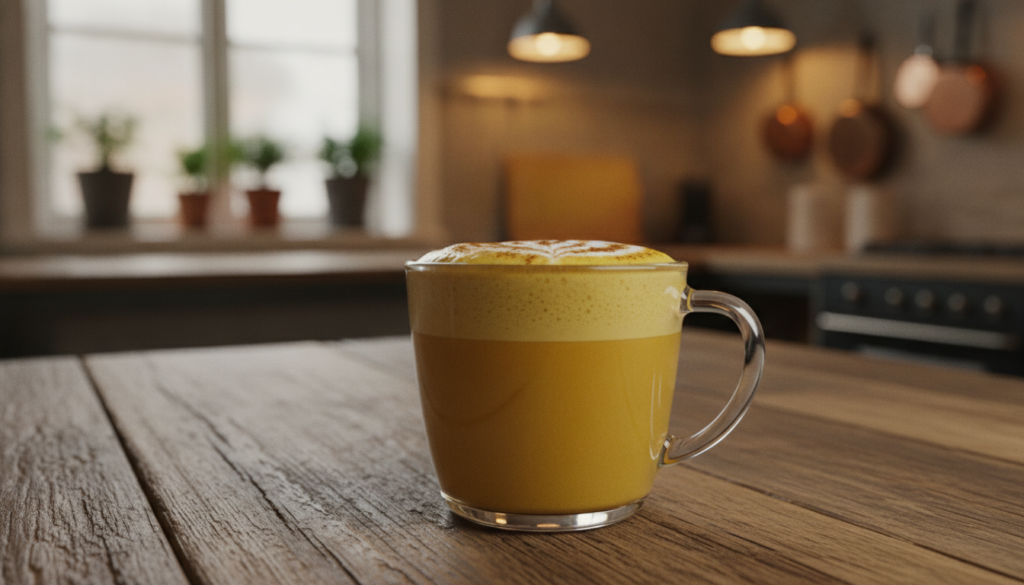 A creamy golden turmeric coffee latte in a clear glass cup topped with a sprinkle of cinnamon The background shows a coz
