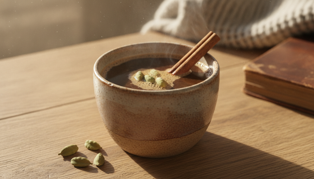 A dark coffee with a cinnamon stick and a few green cardamom pods floating on top in a ceramic mug on a light wooden sur