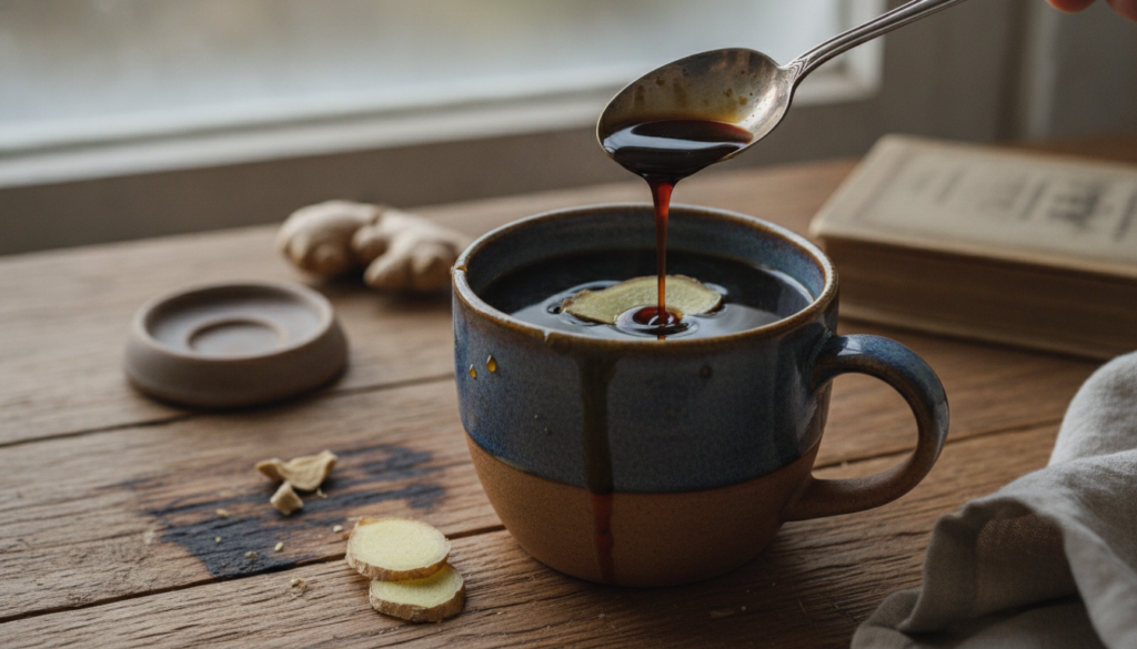 A dark coffee in a ceramic mug with a small piece of fresh ginger and a spoon drizzling dark molasses into it on a rusti