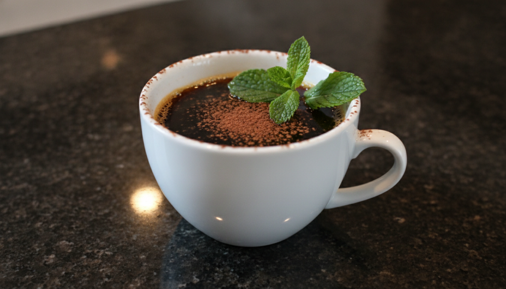 A coffee cup with dark coffee garnished with a fresh mint sprig and a sprinkle of cacao powder on a dark countertop with