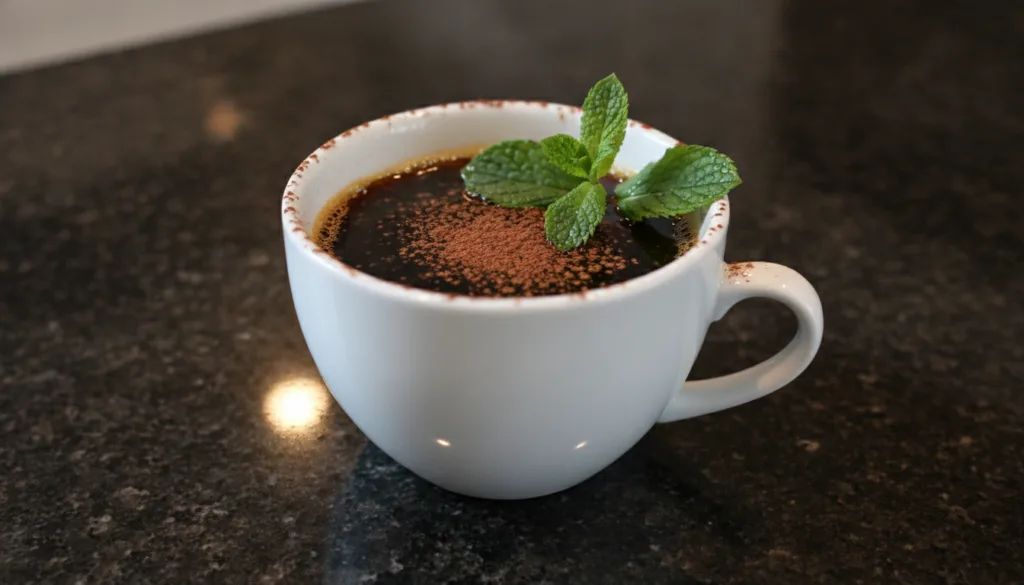 A coffee cup with dark coffee garnished with a fresh mint sprig and a sprinkle of cacao powder on a dark countertop with