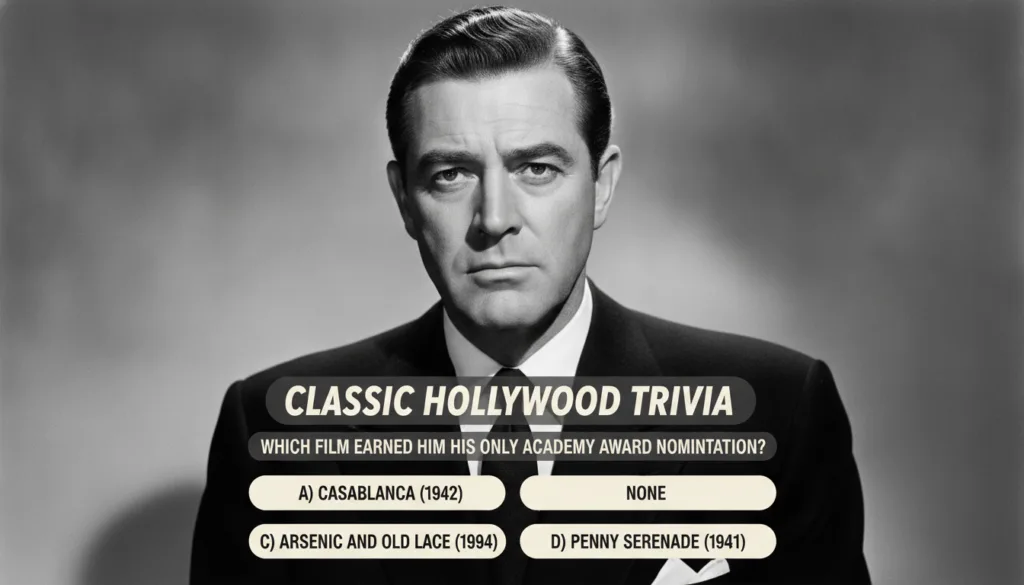 A multiple-choice quiz image showing a black and white photo of a classic Hollywood actor with four options below