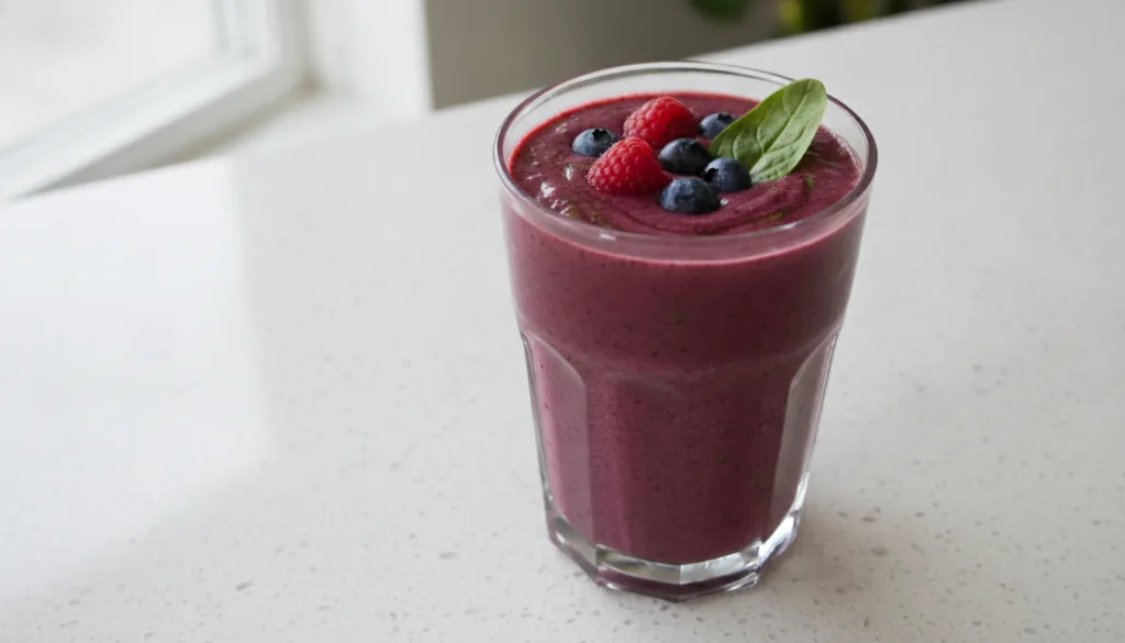 A vibrant purple-red smoothie in a clear glass garnished with a few fresh berries and a small spinach leaf A handful of