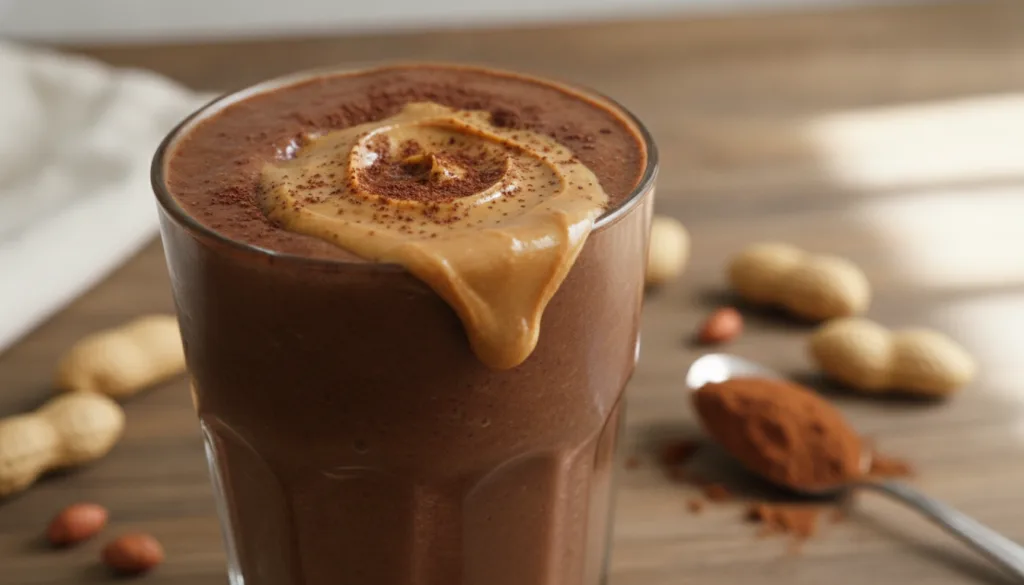 A rich dark brown chocolate peanut butter smoothie in a tall glass with a dollop of peanut butter on top and a light dus