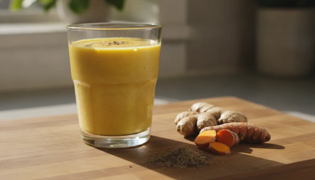 A bright yellow-orange smoothie in a glass with small pieces of fresh ginger and turmeric root visible in the background