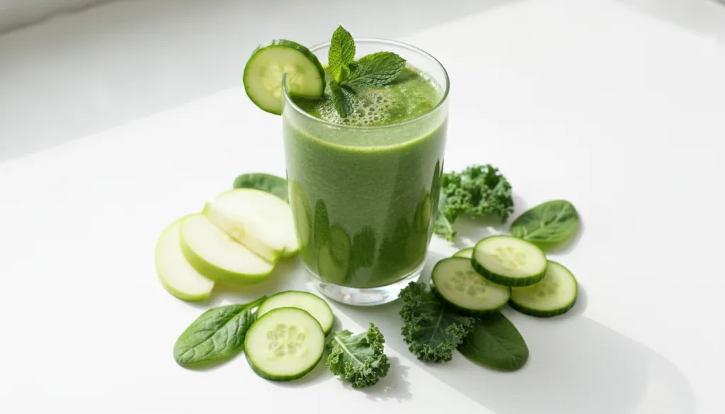 A vibrant green smoothie in a clear glass garnished with a cucumber slice and a mint leaf Fresh cucumber apple and a han