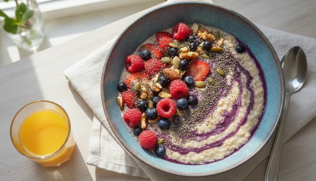 A vibrant breakfast bowl featuring overnight oats topped with fresh berries nuts and a generous sprinkle of chia seeds