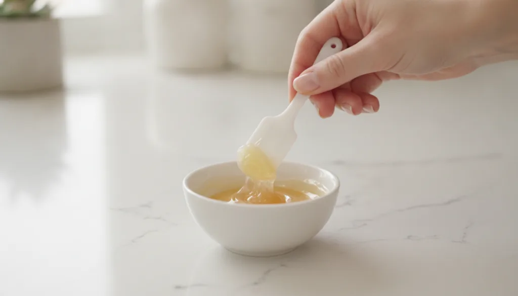 A close-up shot of a person s hand mixing Vaseline and honey in a small bowl with a mini spatula showcasing the creamy t