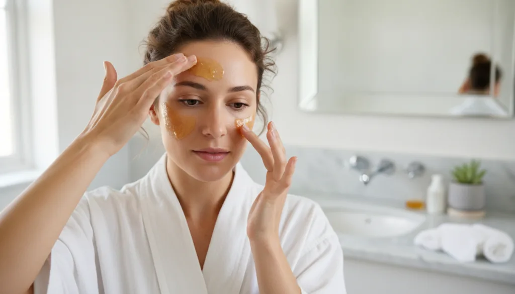 A woman gently applying the Vaseline and honey blend to her face specifically targeting her forehead and under-eye area 