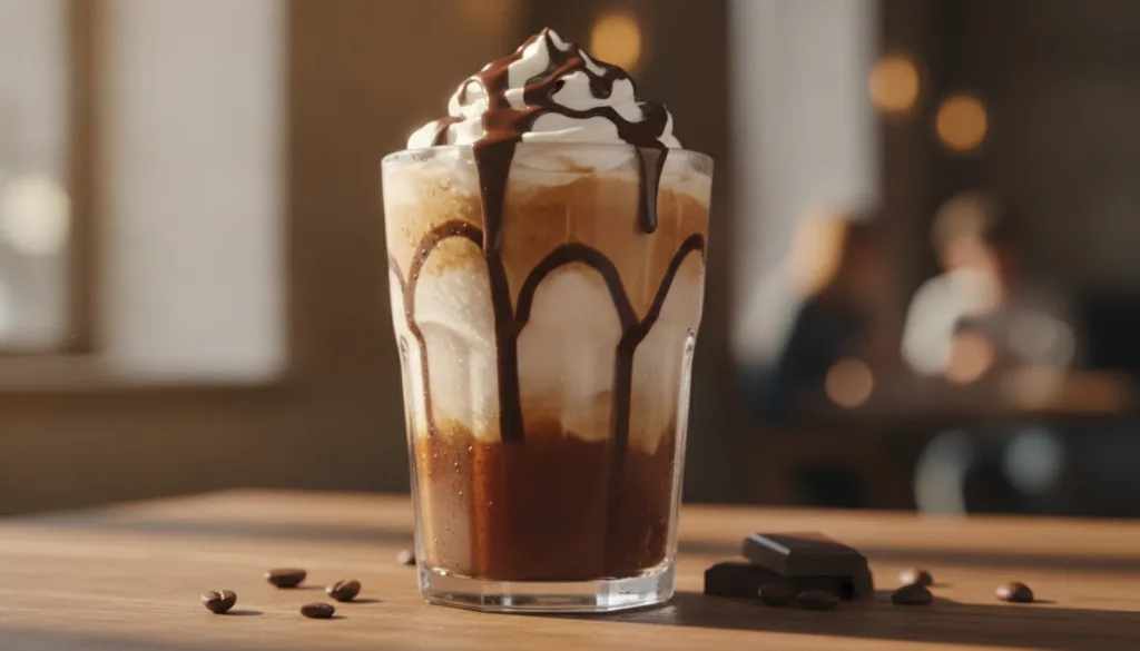 A beautiful iced mocha in a clear glass with chocolate syrup swirled inside the glass before the coffee and milk are add