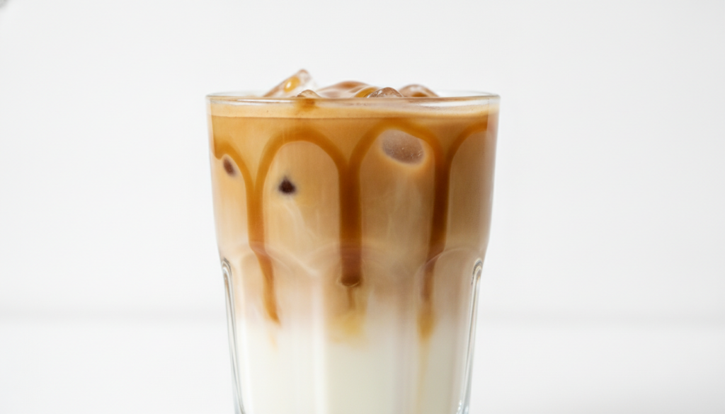 A clear glass of iced caramel macchiato with distinct layers of milk coffee and caramel drizzle The coffee is dark the m
