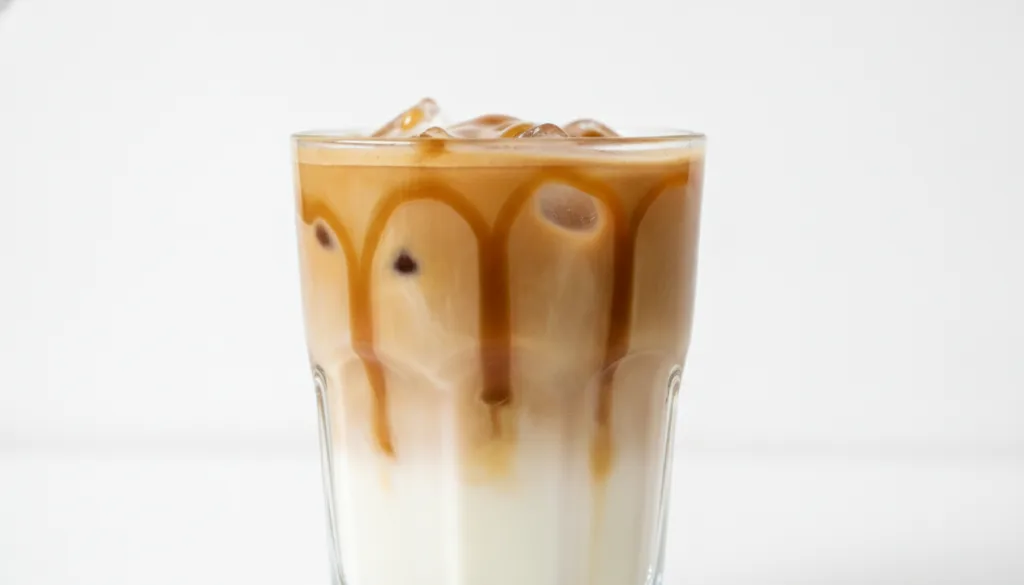 A clear glass of iced caramel macchiato with distinct layers of milk coffee and caramel drizzle The coffee is dark the m