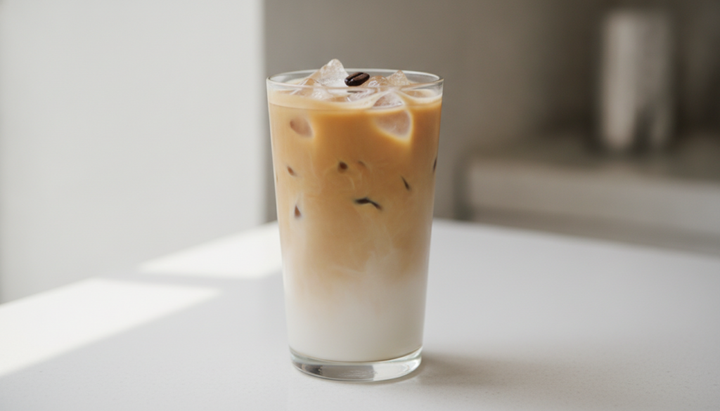 A tall clear glass of iced vanilla latte with a creamy texture garnished with a coffee bean or a light dusting of cocoa