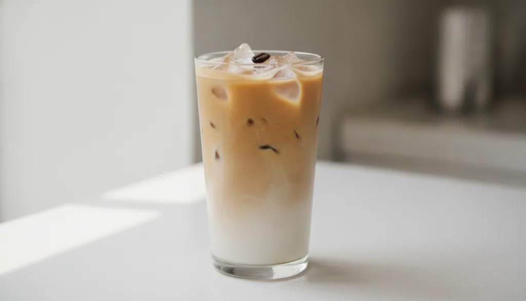 A tall clear glass of iced vanilla latte with a creamy texture garnished with a coffee bean or a light dusting of cocoa 